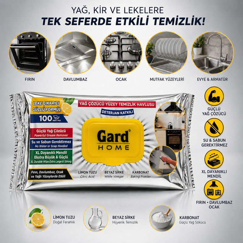 Gard Home Yağ Çözücü Yüzey Temizlik Havlusu  100 Yaprak
